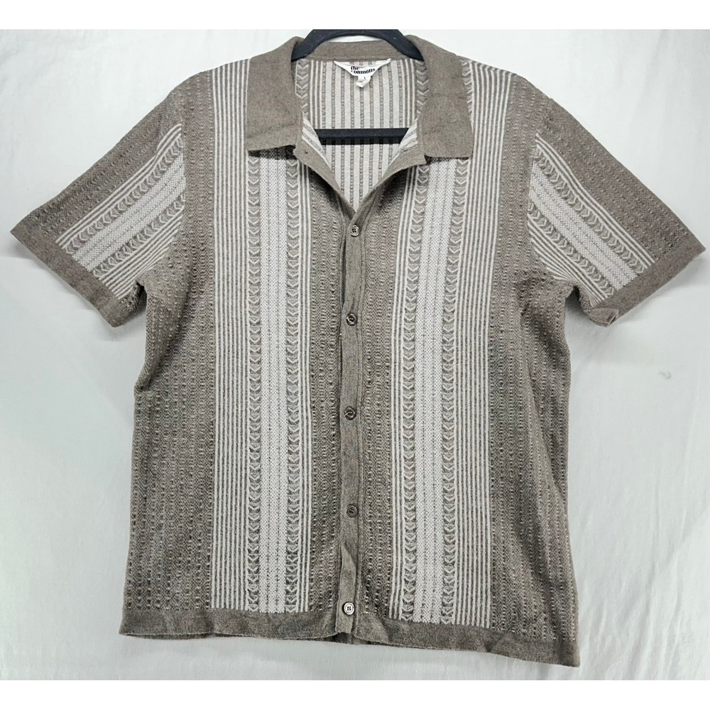 The Commons Mens Knit Button Down Shirt Taupe Cream Stripe Pointelle Large